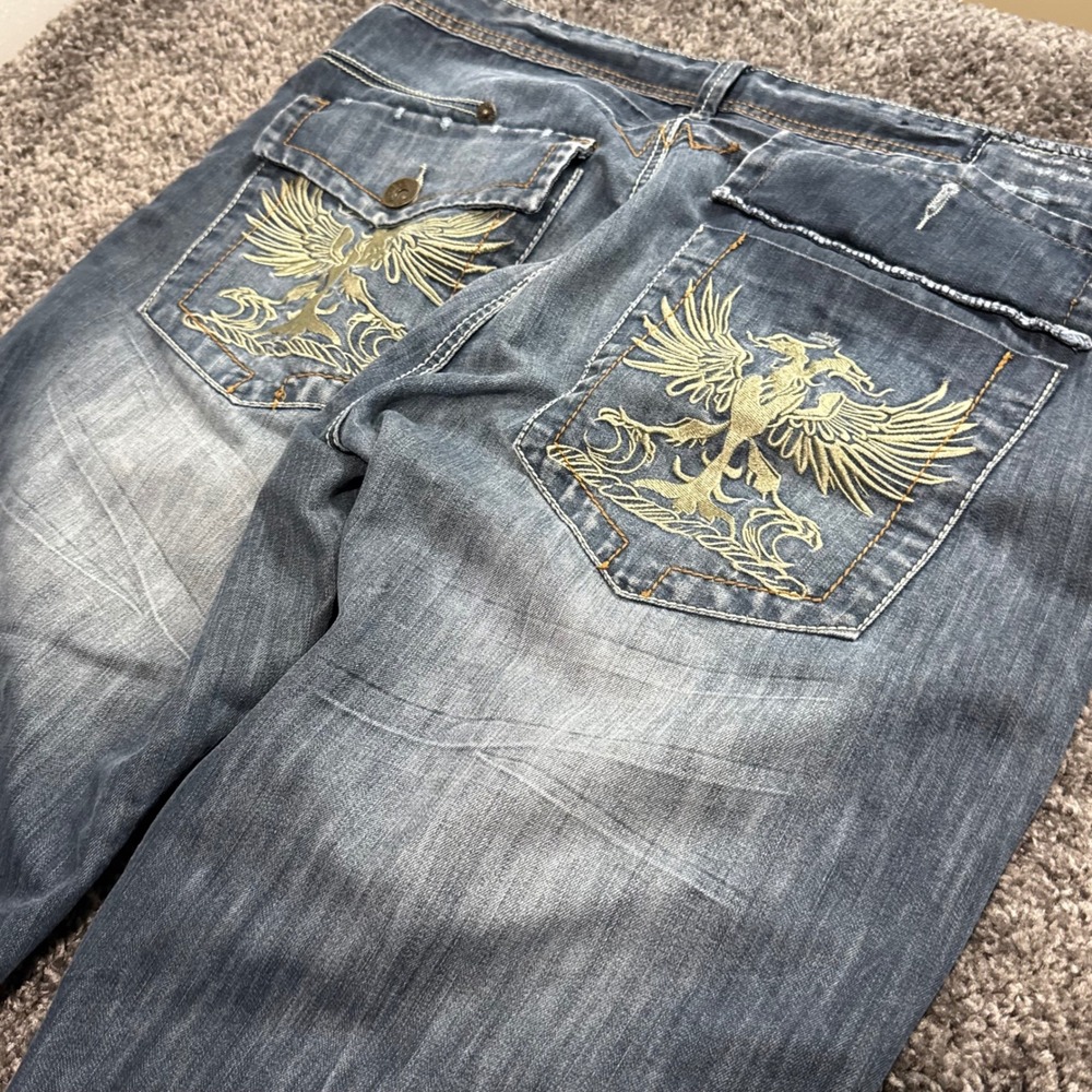 Y2K Clench Jeans Mens Blue Good Embroidered Phoenix Wide Leg 38W x 32L